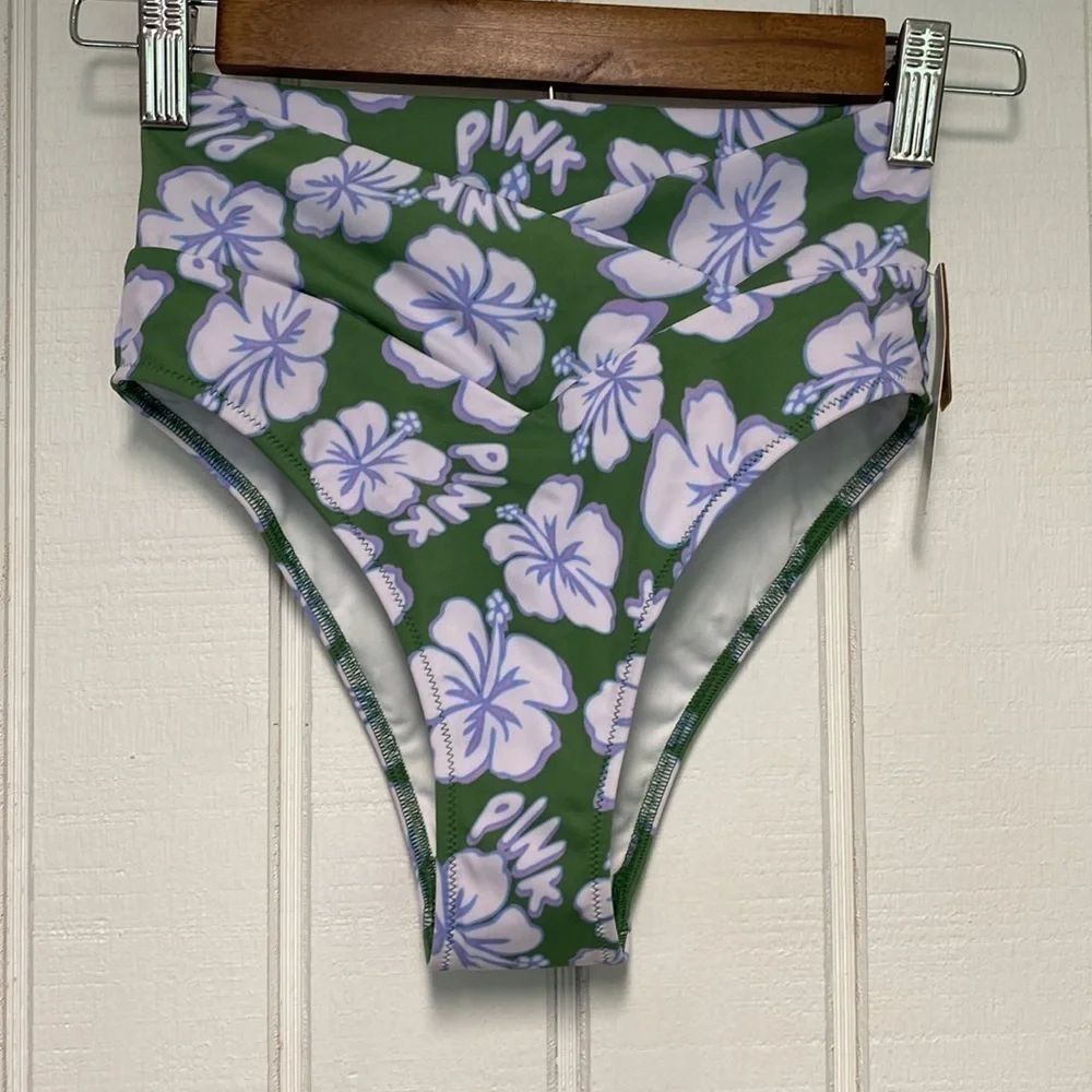 VS Pink V Crossover High-Waist Bikini Bottom Forest Pine Hibiscus